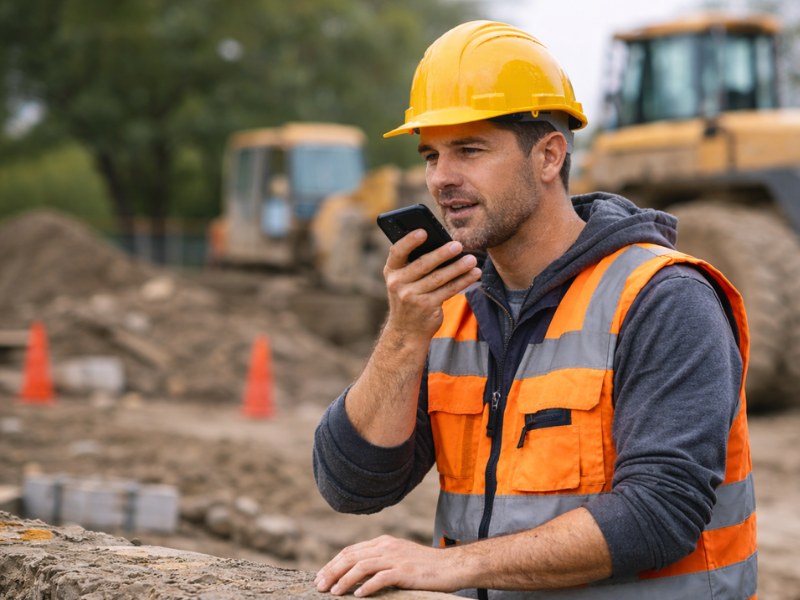 Monteur mit Smartphone – Fotos und Notizen per Sprache erfassen